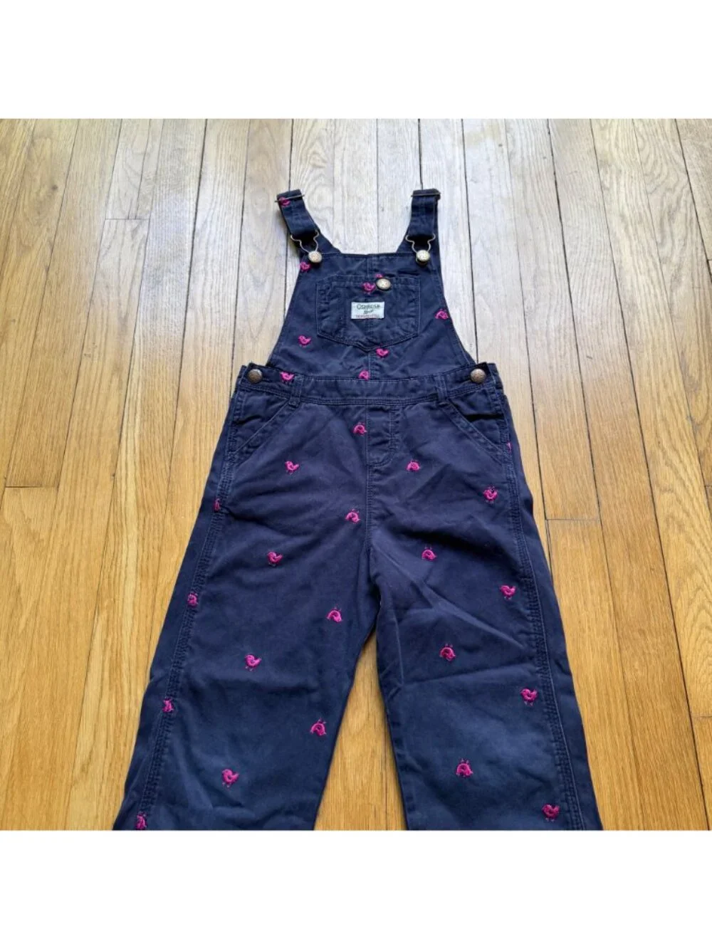 VTG OshKosh B'gosh Girl Size 5 Blue Denim Pink Bird Embroidered Bib Overalls